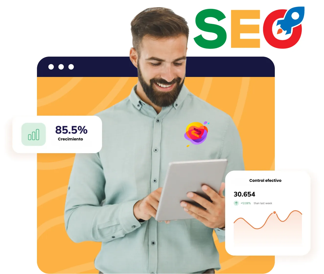 Ilustración sobre optimización SEO, palabras clave y posicionamiento en buscadores para sitios web