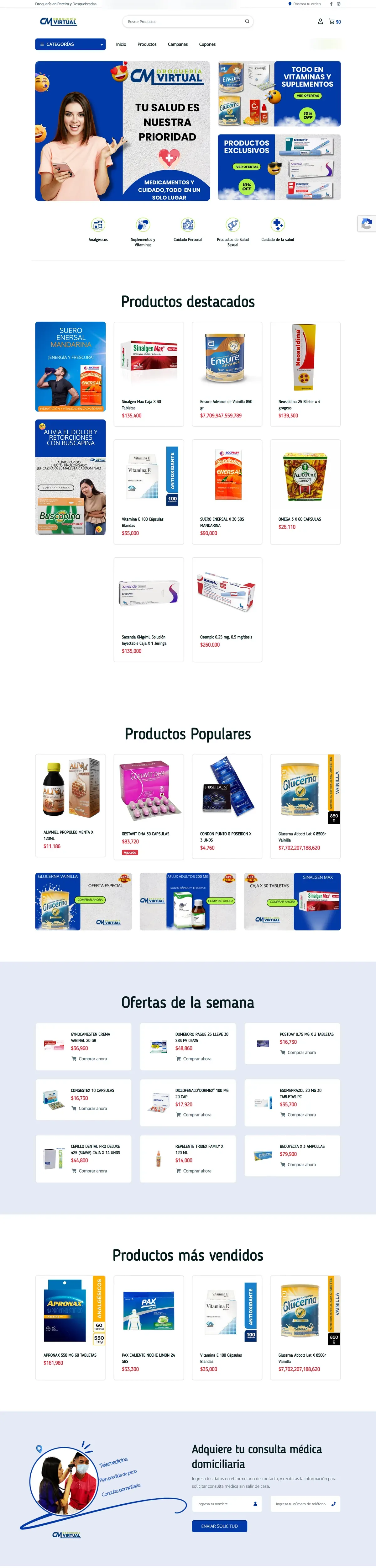 Captura completa del sitio de Droguería Virtual en escritorio