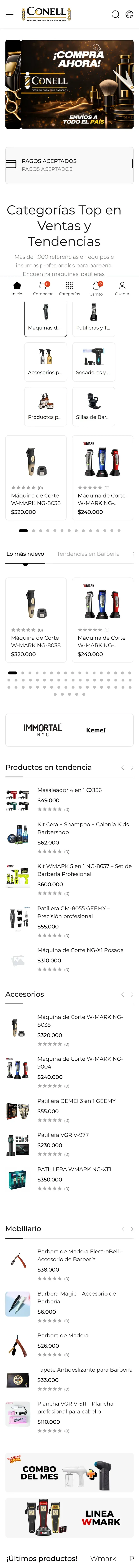 Captura completa del sitio de Conell Barber en móvil