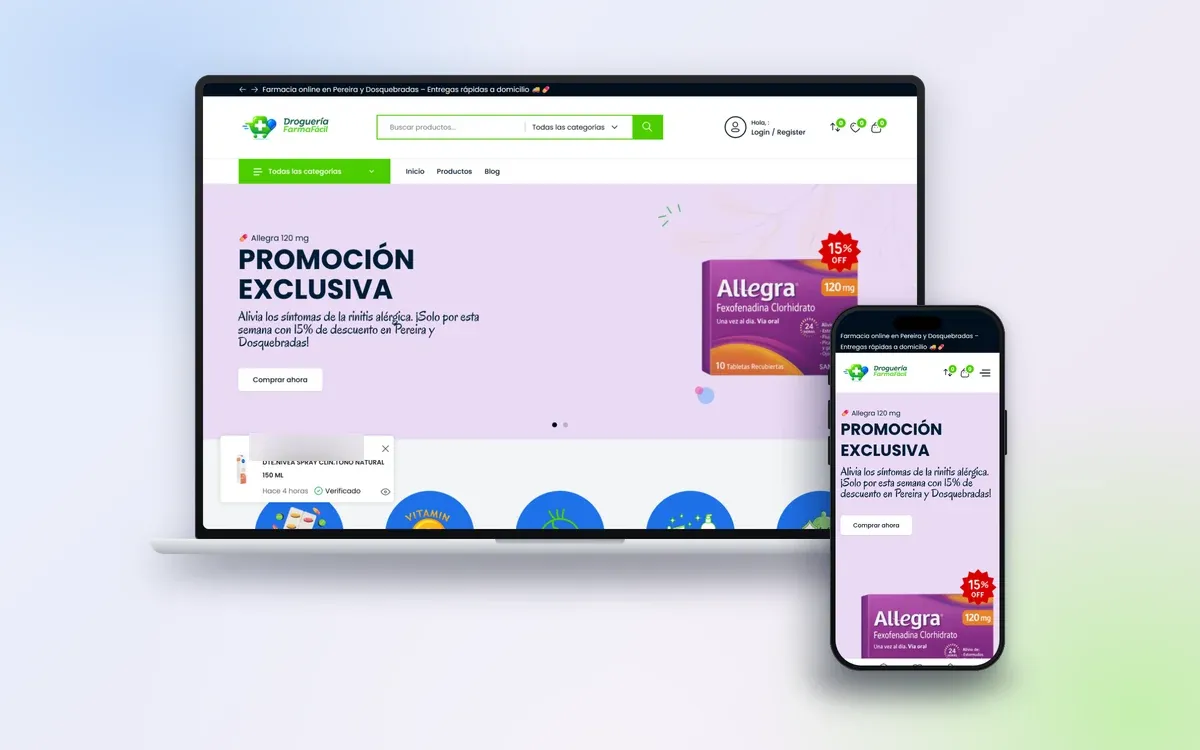Sitio de Droguería Farmafácil en escritorio y móvil