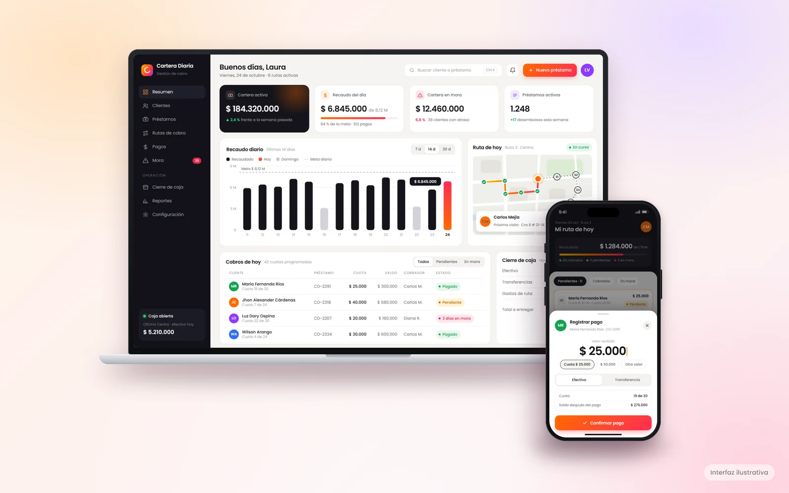 Panel web y app de cobro de una plataforma de préstamos de pago diario