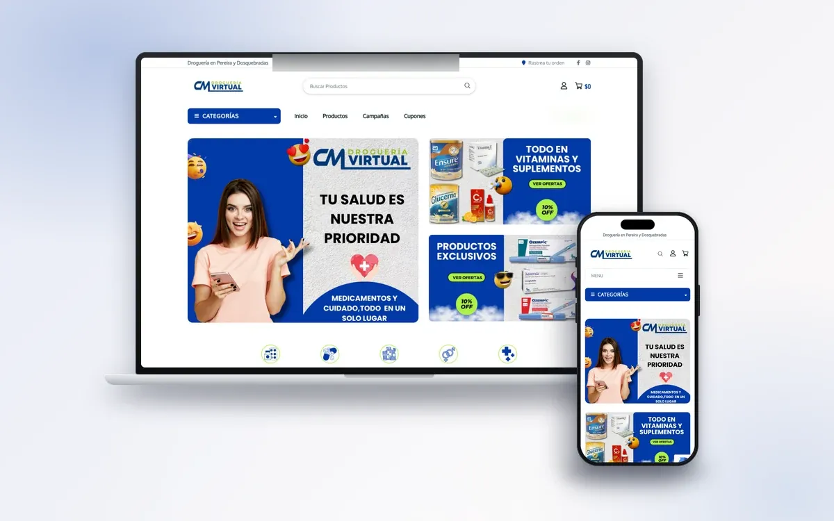 Sitio de Droguería Virtual en escritorio y móvil